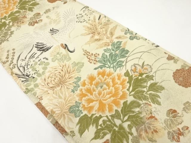 アンティーク　鶴に菊牡丹模様織出し丸帯（材料）